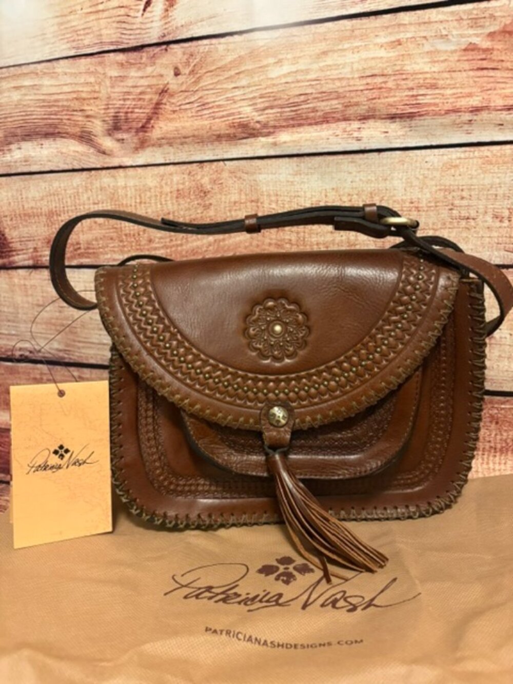 PATRICIA NASH Beaumont Crossbody Purse Tooled Leather in Cognac NWT